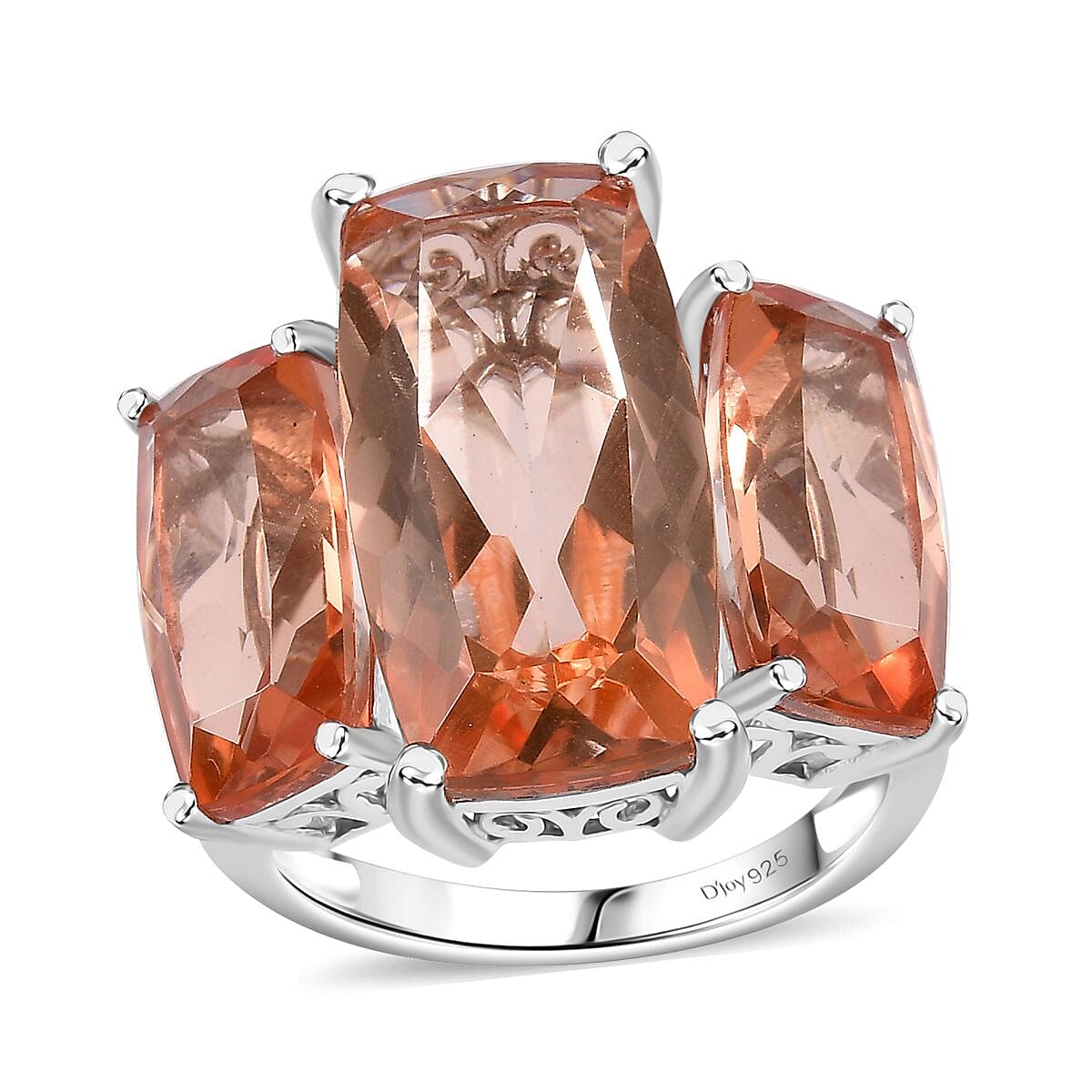 Morganique Quartz (Triplet) Trilogy Ring in Rhodium Over Sterling Silver (Size 6.0) 17.85 ctw