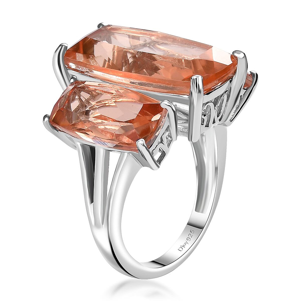 Morganique Quartz (Triplet) Trilogy Ring in Rhodium Over Sterling Silver (Size 6.0) 17.85 ctw