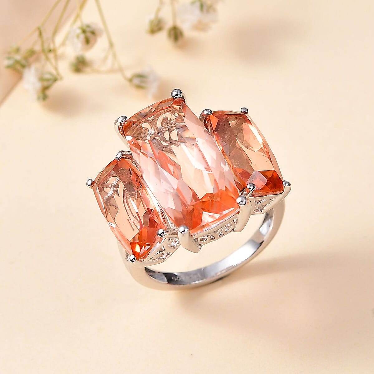 Morganique Quartz (Triplet) Trilogy Ring in Rhodium Over Sterling Silver (Size 9.0) 17.85 ctw image number 1