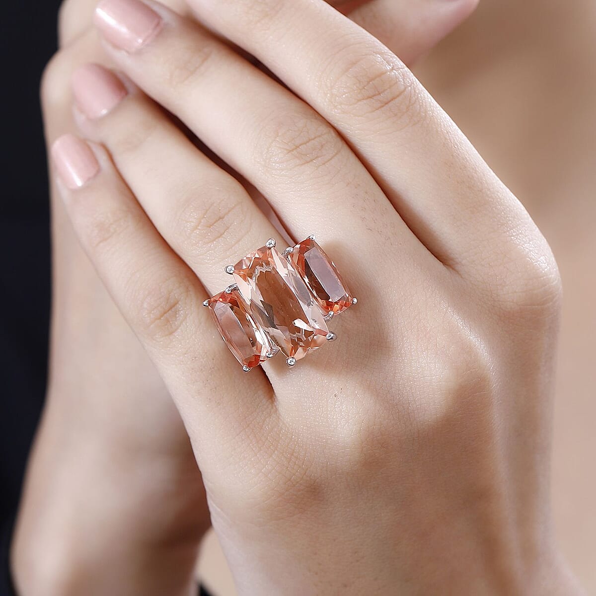 Morganique Quartz (Triplet) Trilogy Ring in Rhodium Over Sterling Silver (Size 9.0) 17.85 ctw image number 2