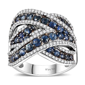 Ceylon Blue Sapphire and Moissanite 3.85 ctw Overbridge By-pass Ring in Rhodium Over Sterling Silver (Size  6.0)