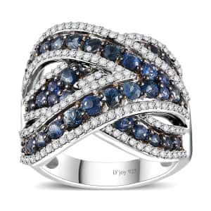 Ceylon Blue Sapphire and Moissanite Overbridge By-pass Ring in Rhodium Over Sterling Silver (Size 7.0) 3.85 ctw