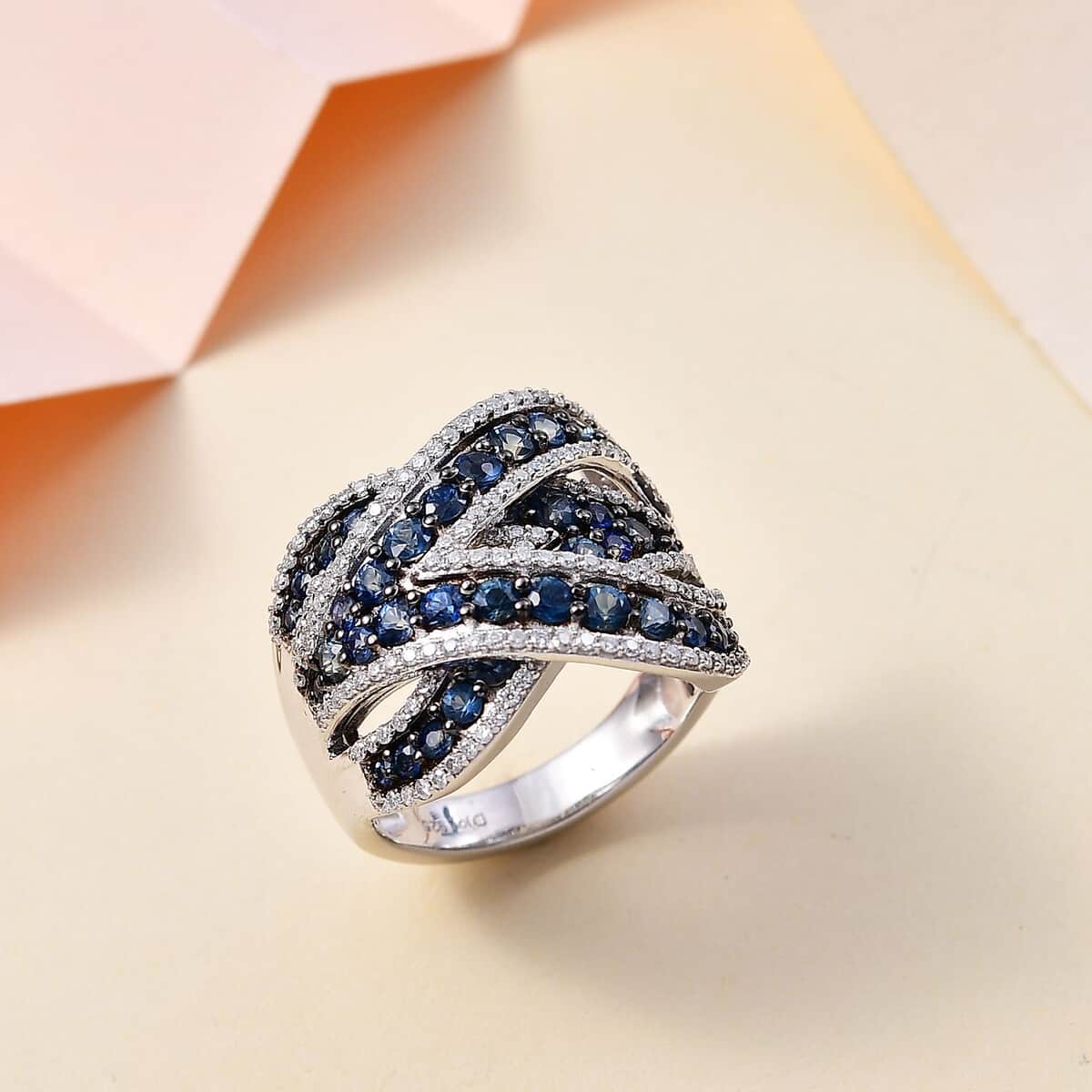 Ceylon Blue Sapphire and Moissanite Overbridge By-pass Ring in Rhodium Over Sterling Silver (Size 7.0) 3.85 ctw image number 1