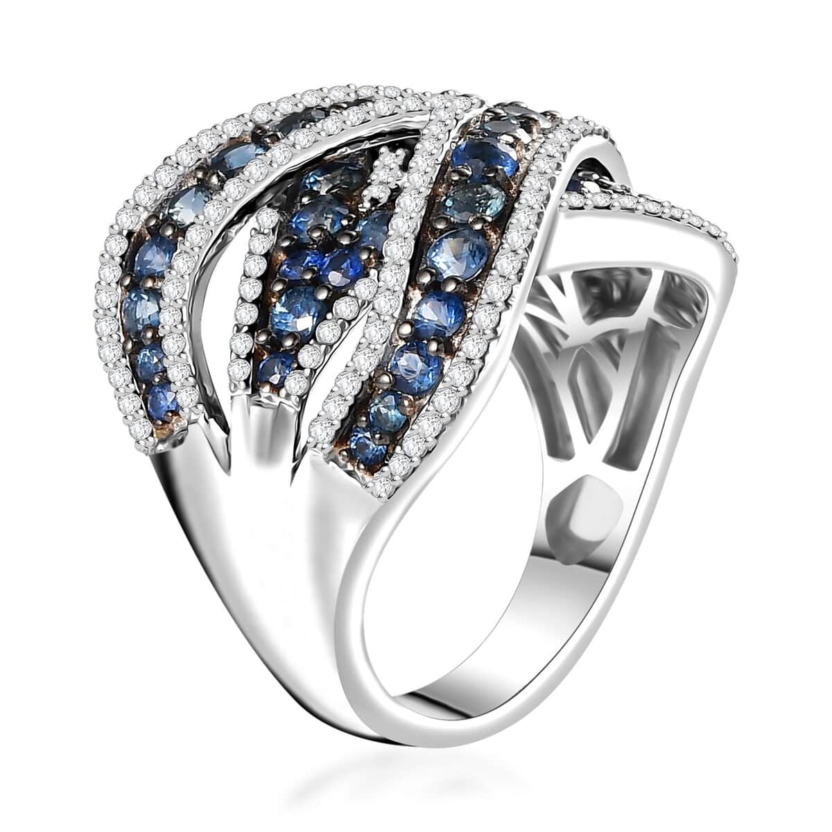 Ceylon Blue Sapphire and Moissanite Overbridge By-pass Ring in Rhodium Over Sterling Silver (Size 7.0) 3.85 ctw image number 3