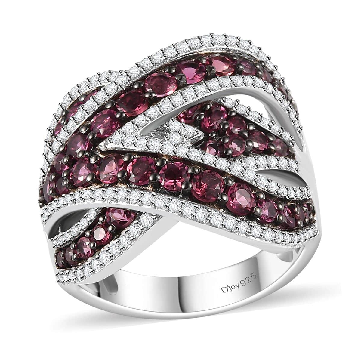 Ofiki Rubellite and Moissanite Overbridge By-pass Ring in Rhodium Over Sterling Silver (Size 6.0) 3.60 ctw image number 0