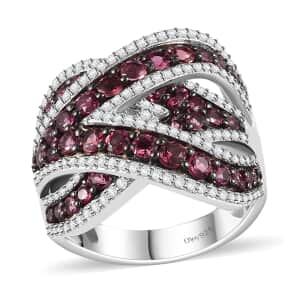 Ofiki Rubellite and Moissanite Overbridge By-pass Ring in Rhodium Over Sterling Silver (Size 6.0) 3.60 ctw