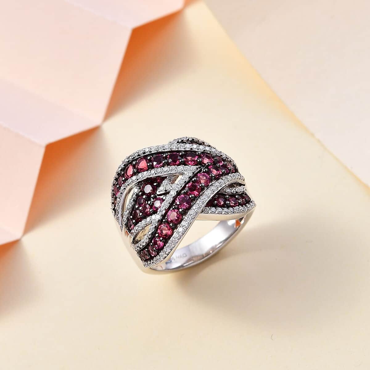 Ofiki Rubellite and Moissanite Overbridge By-pass Ring in Rhodium Over Sterling Silver (Size 6.0) 3.60 ctw image number 1