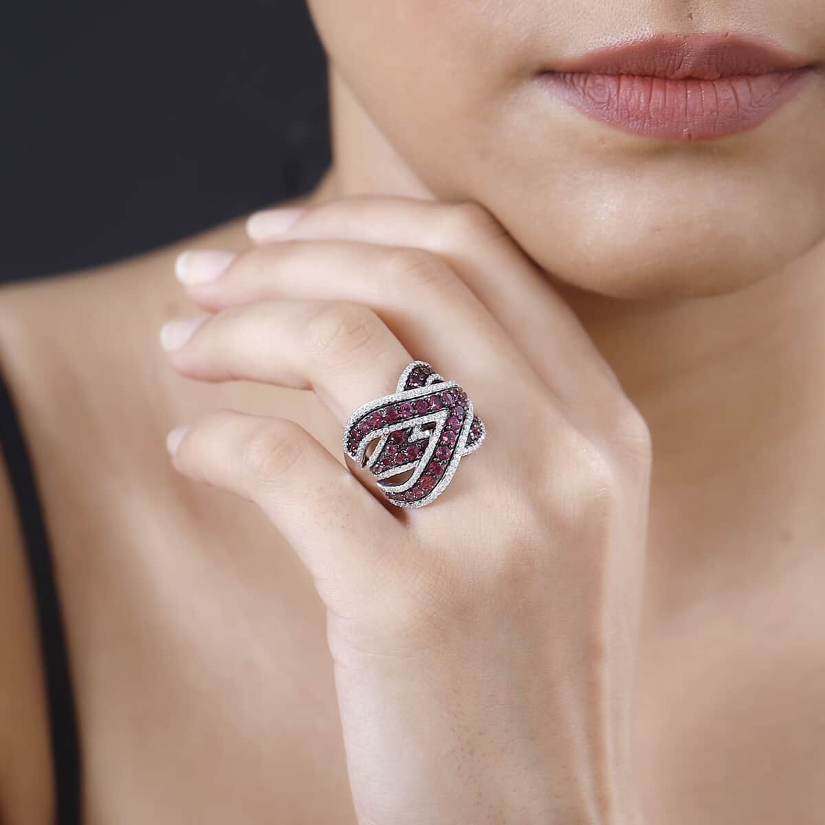 Ofiki Rubellite and Moissanite Overbridge By-pass Ring in Rhodium Over Sterling Silver (Size 6.0) 3.60 ctw image number 2