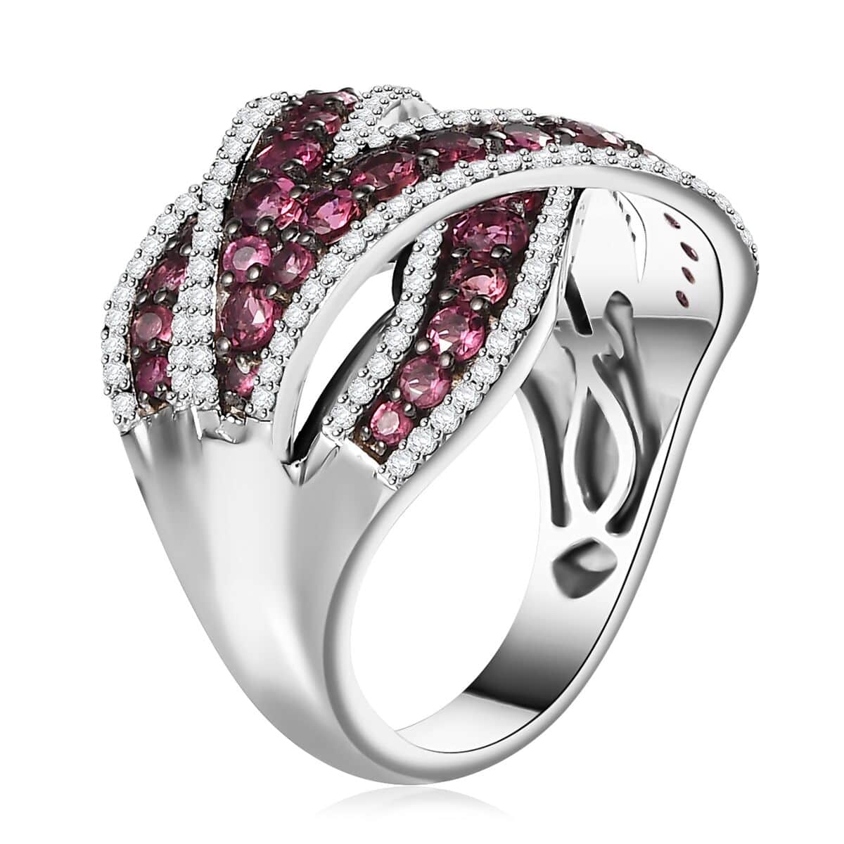 Ofiki Rubellite and Moissanite Overbridge By-pass Ring in Rhodium Over Sterling Silver (Size 6.0) 3.60 ctw image number 3