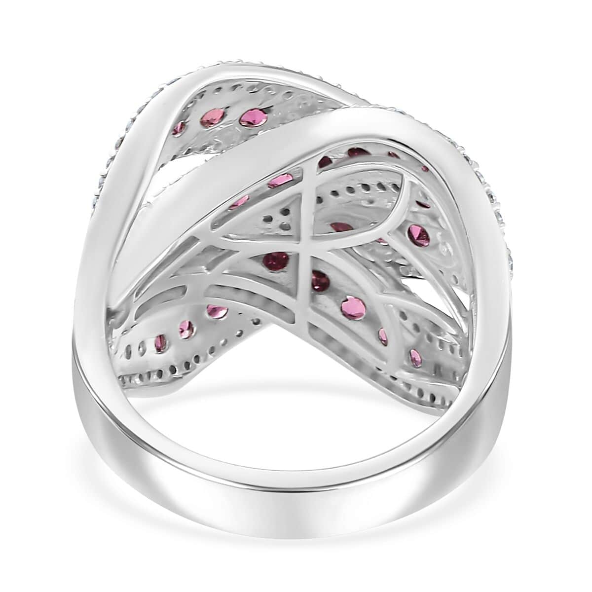 Ofiki Rubellite and Moissanite Overbridge By-pass Ring in Rhodium Over Sterling Silver (Size 6.0) 3.60 ctw image number 4