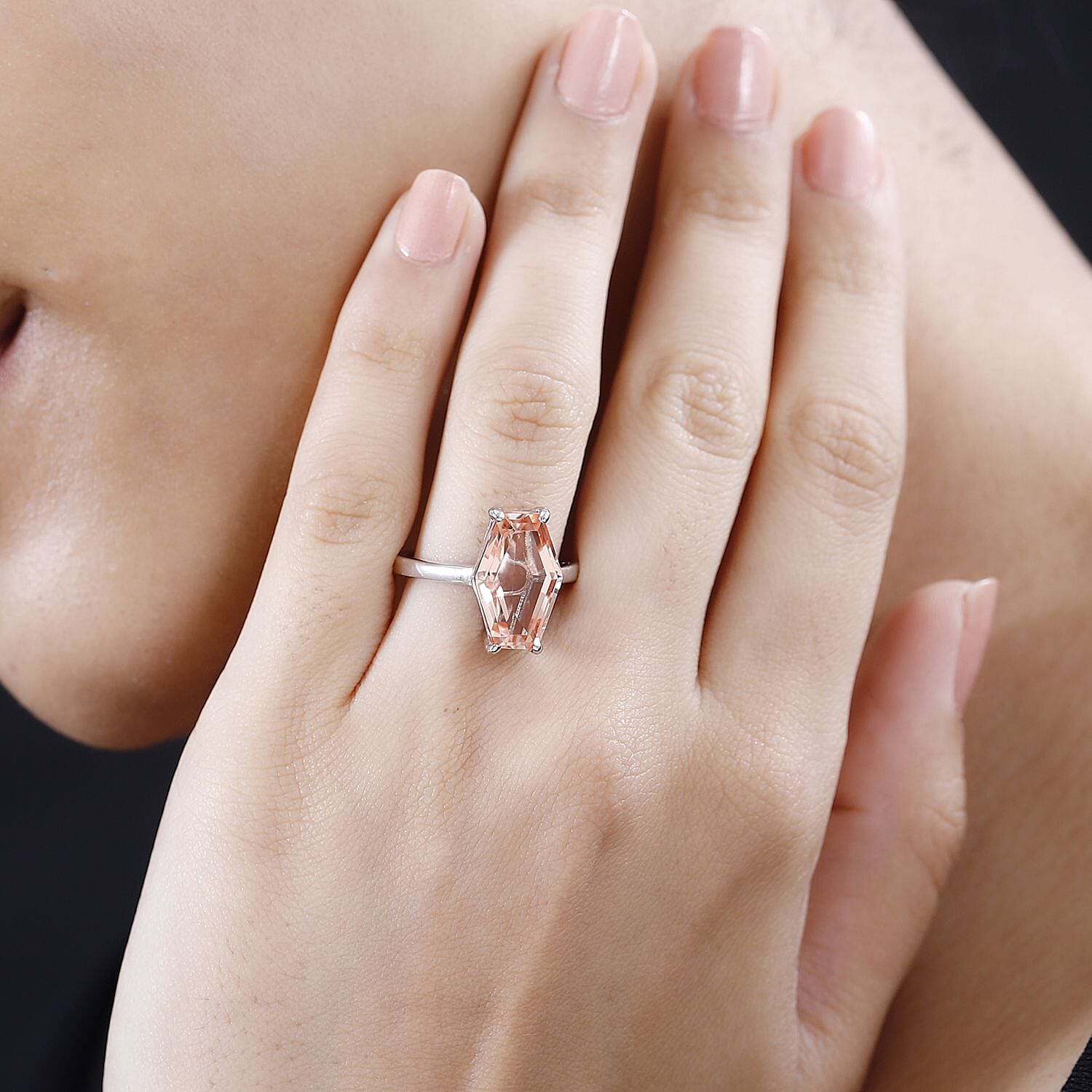 Morganique Quartz (Triplet) Elongated Ring in Rhodium Over Sterling Silver (Size 6.0) 6.50 ctw