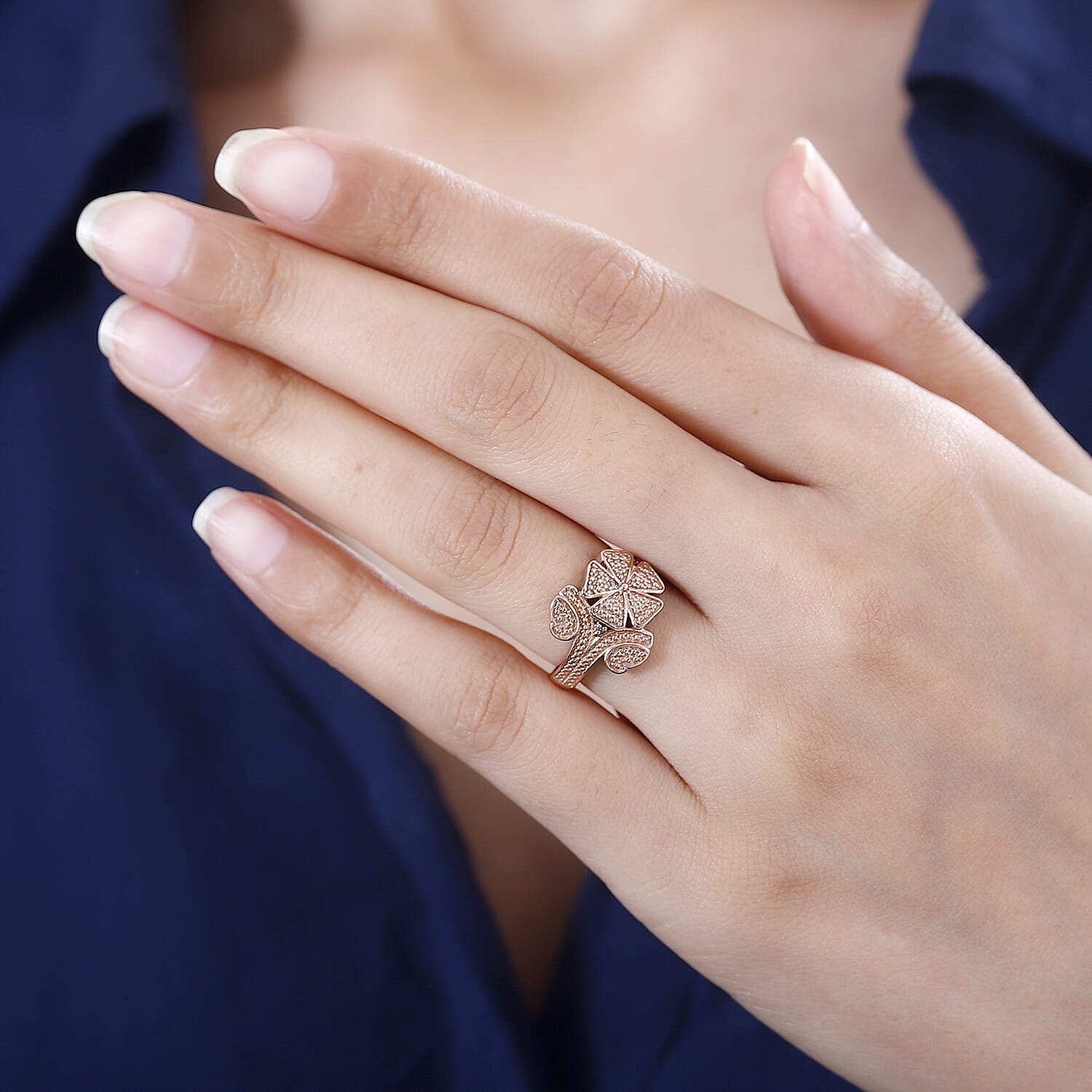 Karis Natural Champagne Diamond Accent Floral Ring in 18K RG Plated (Size 5.0)