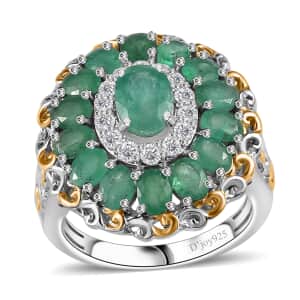 Kagem Zambian Emerald and White Zircon Floral Ring in 18K Vermeil YG and Rhodium Over Sterling Silver (Size 7.0) 3.00 ctw