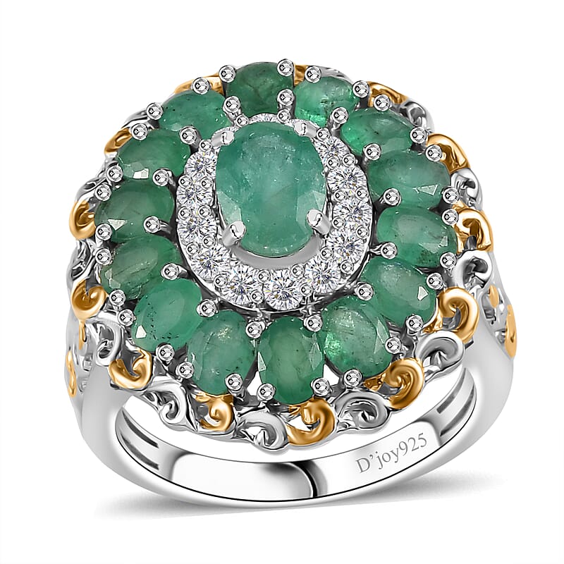 D'Joy Kagem Zambian Emerald and White Zircon Floral Ring in 18K Vermeil YG and Rhodium Over Sterling Silver (Size 7.0) 3.00 ctw