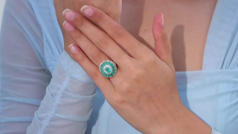 TLV Kagem Zambian Emerald, White Zircon Dahila Floral Ring in 18K Vermeil YG and Rhodium Over Sterling Silver (Size 7.0) 3.00 ctw