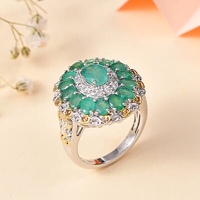 D'Joy Kagem Zambian Emerald and White Zircon Floral Ring in 18K Vermeil YG and Rhodium Over Sterling Silver (Size 7.0) 3.00 ctw