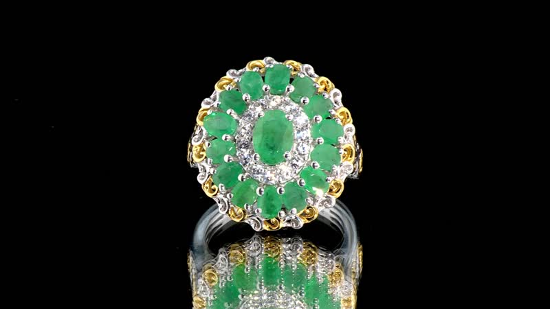 TLV Kagem Zambian Emerald, White Zircon Dahila Floral Ring in 18K Vermeil YG and Rhodium Over Sterling Silver (Size 7.0) 3.00 ctw