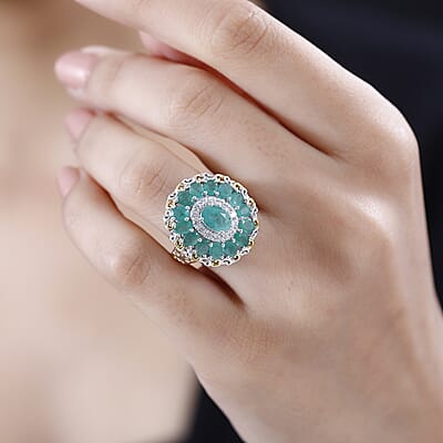 D'Joy Kagem Zambian Emerald and White Zircon Floral Ring in 18K Vermeil YG and Rhodium Over Sterling Silver (Size 7.0) 3.00 ctw