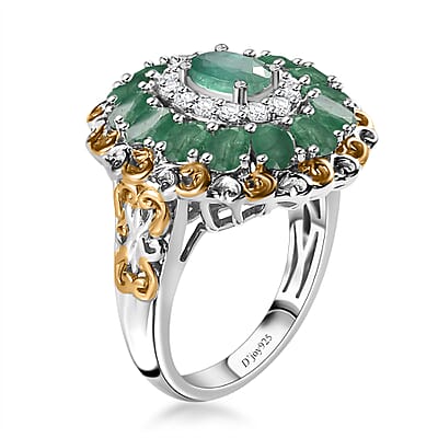 D'Joy Kagem Zambian Emerald and White Zircon Floral Ring in 18K Vermeil YG and Rhodium Over Sterling Silver (Size 7.0) 3.00 ctw