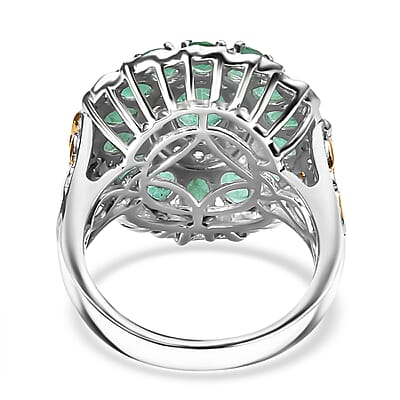 D'Joy Kagem Zambian Emerald and White Zircon Floral Ring in 18K Vermeil YG and Rhodium Over Sterling Silver (Size 7.0) 3.00 ctw