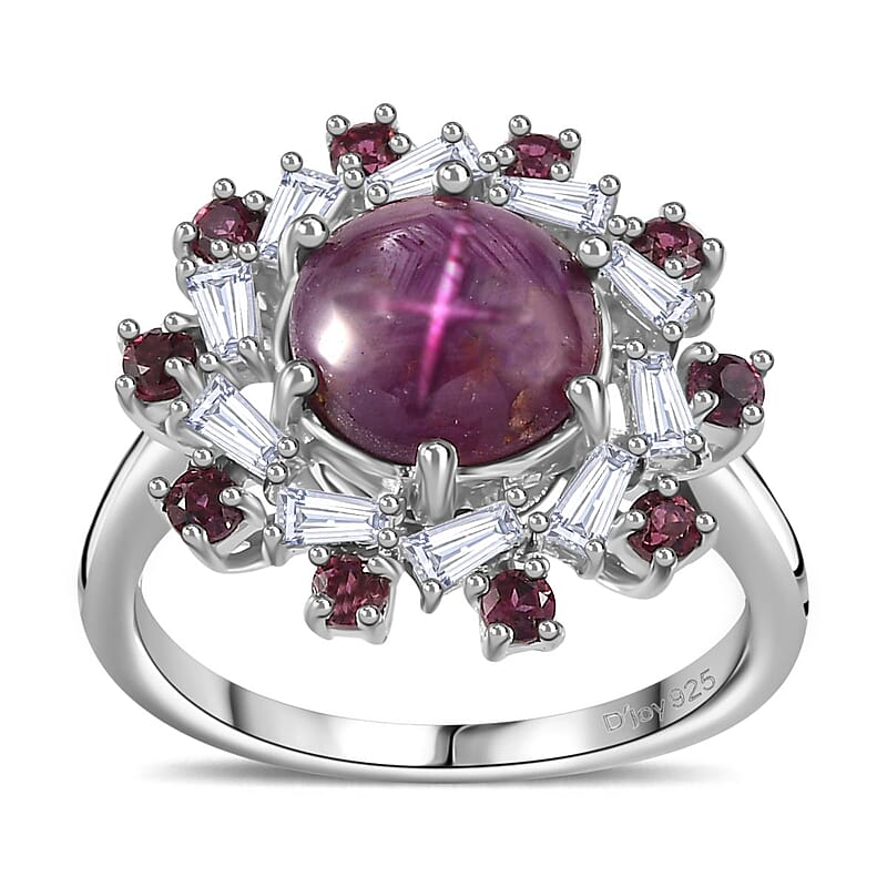 Indian Star Ruby and Multi Gemstone Galaxy Ring in Rhodium Over Sterling Silver (Size 5.0) 4.30 ctw