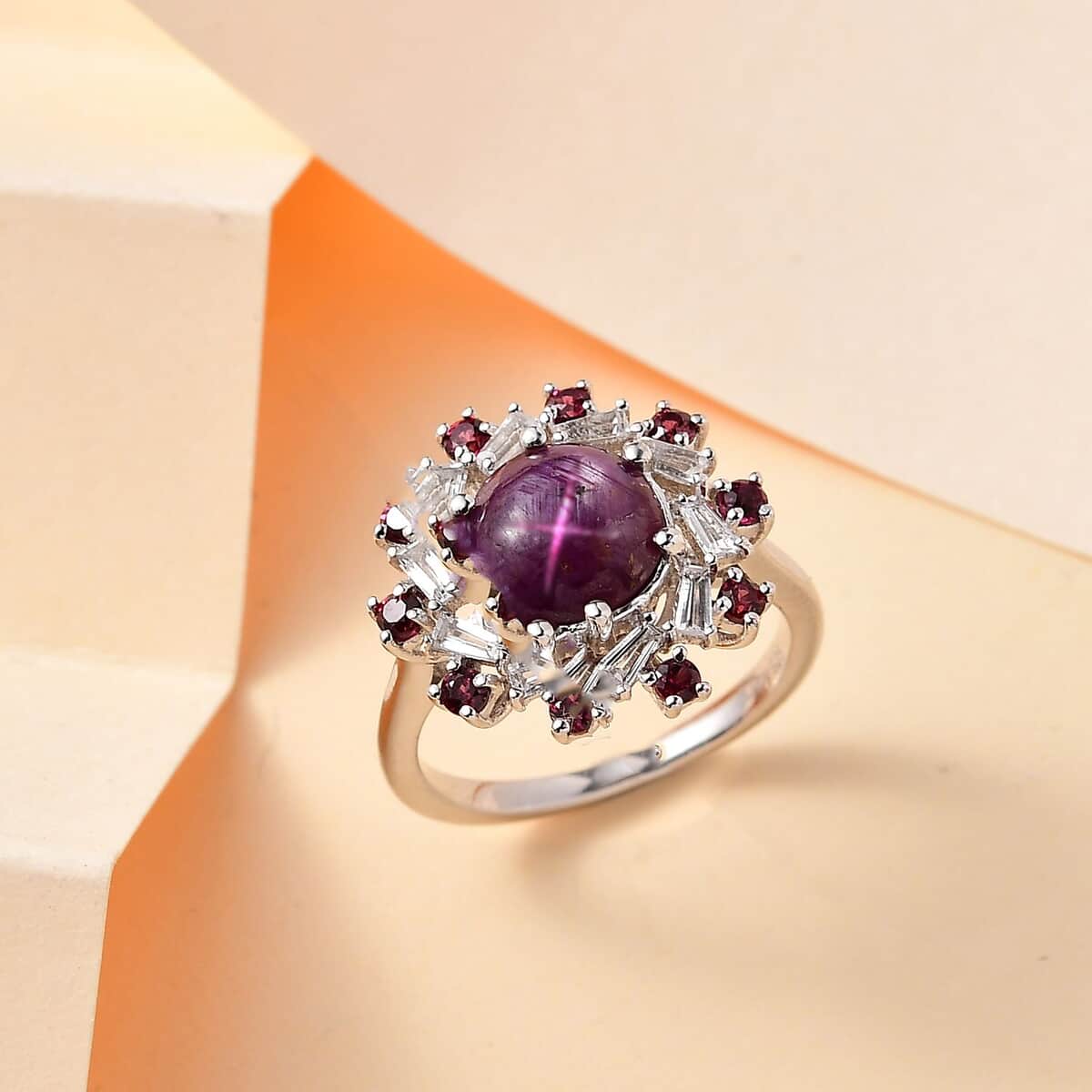 Premium Indian Star Ruby, Multi Gemstone Ring in Rhodium Over Sterling Silver 4.30 ctw image number 1