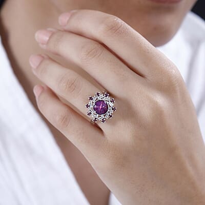 Indian Star Ruby and Multi Gemstone Galaxy Ring in Rhodium Over Sterling Silver (Size 5.0) 4.30 ctw