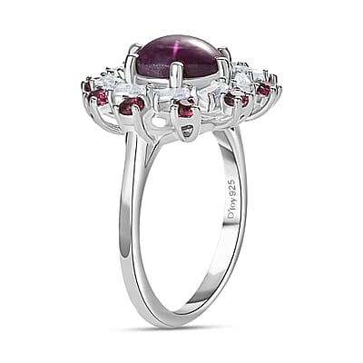 Indian Star Ruby and Multi Gemstone Galaxy Ring in Rhodium Over Sterling Silver (Size 5.0) 4.30 ctw