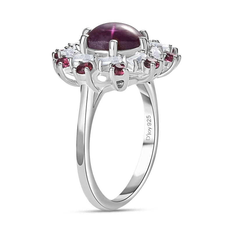 Indian Star Ruby and Multi Gemstone Galaxy Ring in Rhodium Over Sterling Silver (Size 5.0) 4.30 ctw