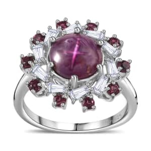 Indian Star Ruby and Multi Gemstone Galaxy Ring in Rhodium Over Sterling Silver (Size 7.0) 4.30 ctw