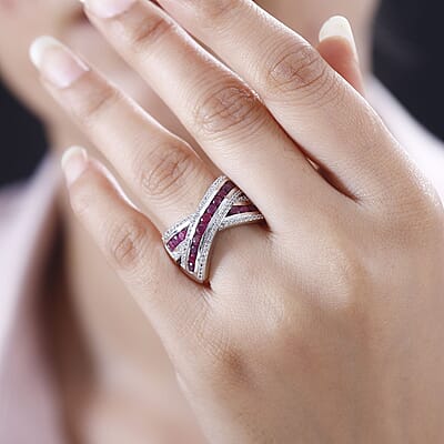 Premium Mozambique Ruby and White Zircon Criss Cross Ring in Rhodium Over Sterling Silver (Size 5.0) 2.20 ctw