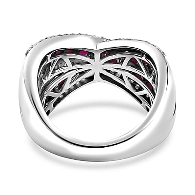 Premium Mozambique Ruby and White Zircon Criss Cross Ring in Rhodium Over Sterling Silver (Size 5.0) 2.20 ctw