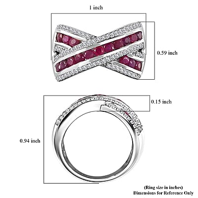 Premium Mozambique Ruby and White Zircon Criss Cross Ring in Rhodium Over Sterling Silver (Size 5.0) 2.20 ctw