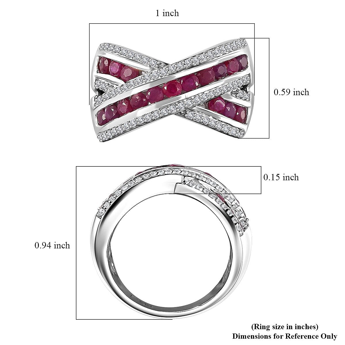 Premium Mozambique Ruby and White Zircon Criss Cross Ring in Rhodium Over Sterling Silver (Size 8.0) 2.20 ctw