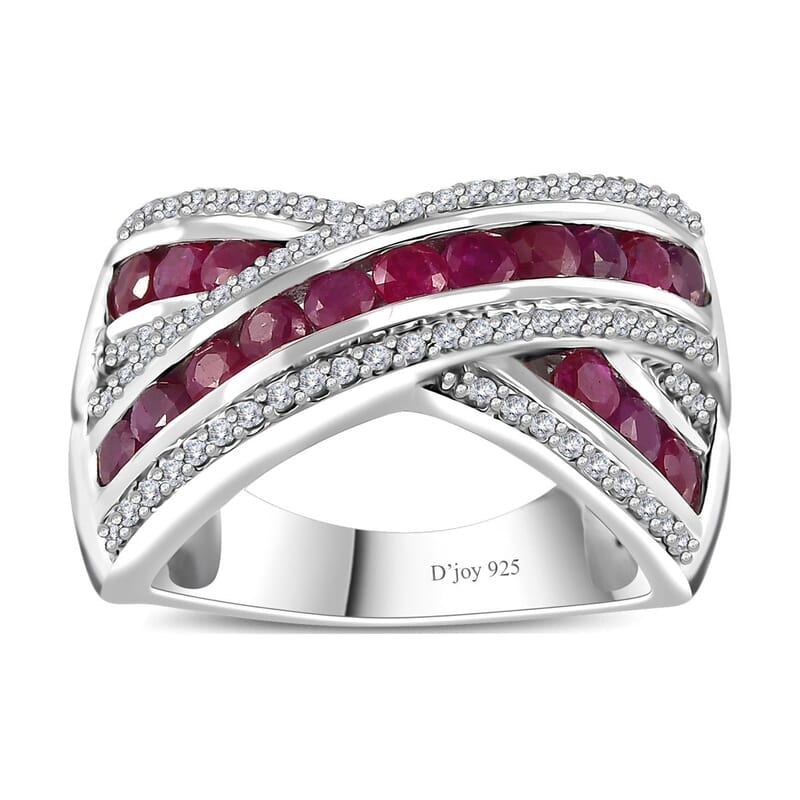 Premium Mozambique Ruby and White Zircon Criss Cross Ring in Rhodium Over Sterling Silver (Size 9.0) 2.20 ctw