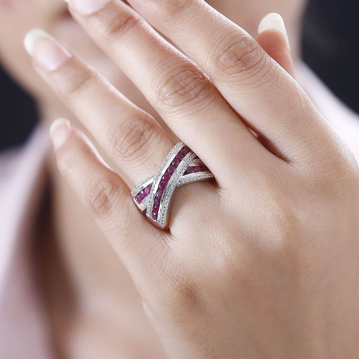Premium Mozambique Ruby and White Zircon Criss Cross Ring in Rhodium Over Sterling Silver (Size 9.0) 2.20 ctw image number 2