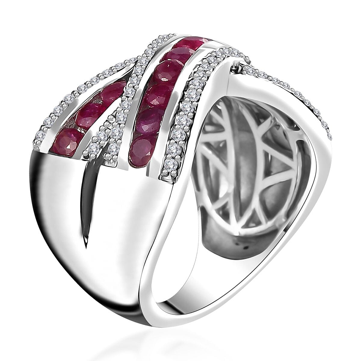 Premium Mozambique Ruby and White Zircon Criss Cross Ring in Rhodium Over Sterling Silver (Size 9.0) 2.20 ctw image number 3
