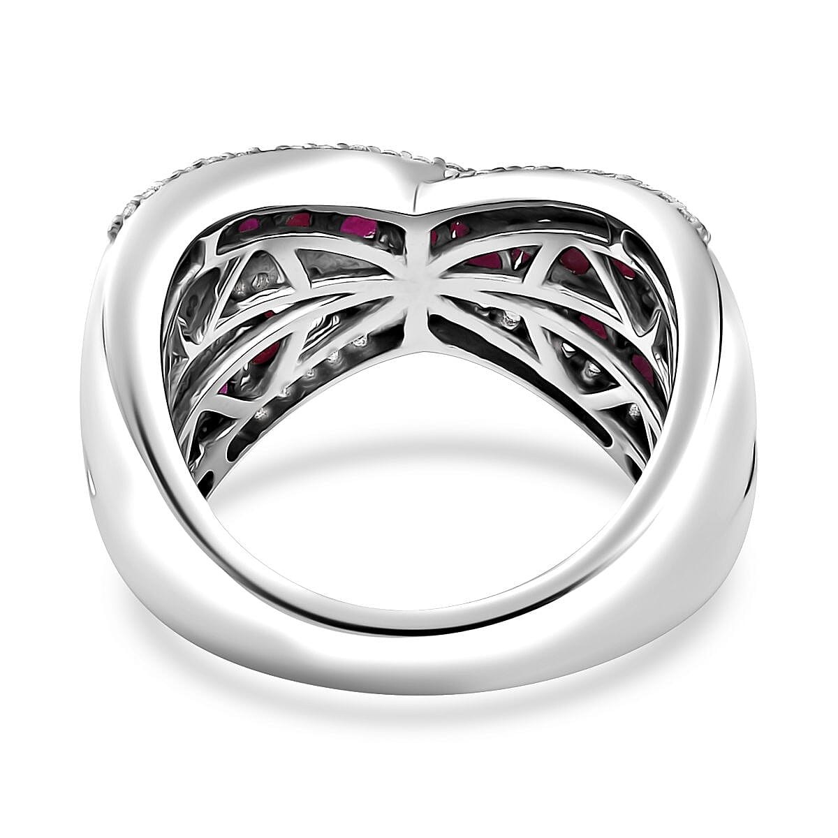 Premium Mozambique Ruby and White Zircon Criss Cross Ring in Rhodium Over Sterling Silver (Size 9.0) 2.20 ctw