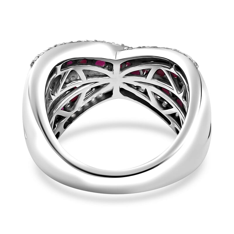 Premium Mozambique Ruby and White Zircon Criss Cross Ring in Rhodium Over Sterling Silver (Size 9.0) 2.20 ctw