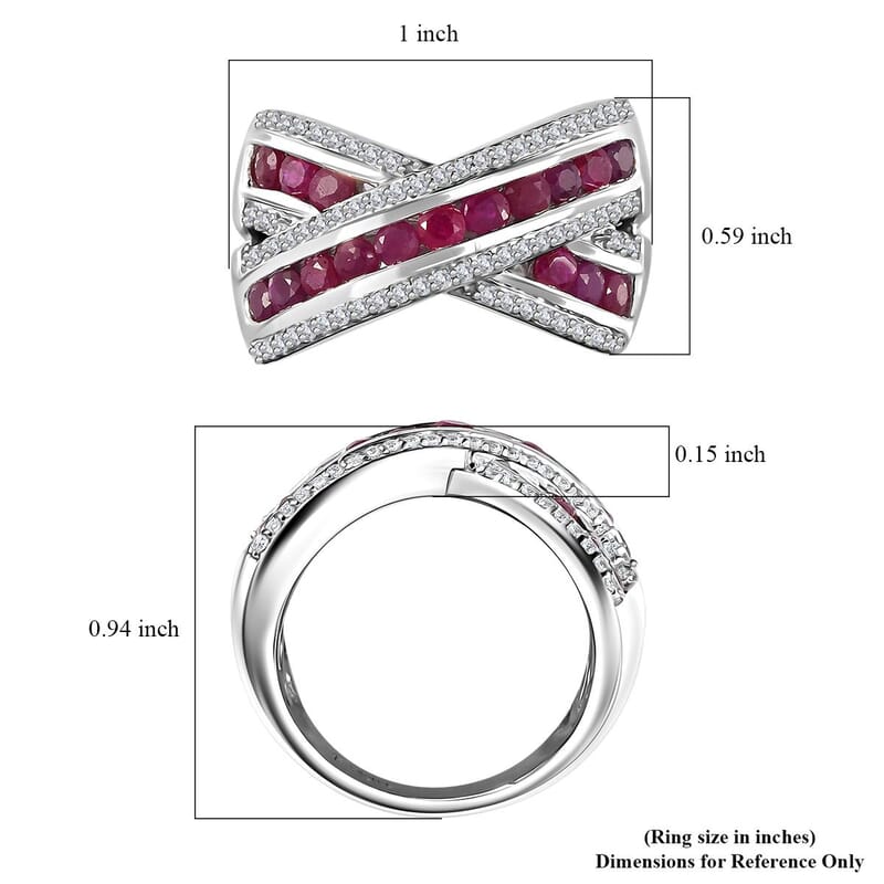 Premium Mozambique Ruby and White Zircon Criss Cross Ring in Rhodium Over Sterling Silver (Size 9.0) 2.20 ctw