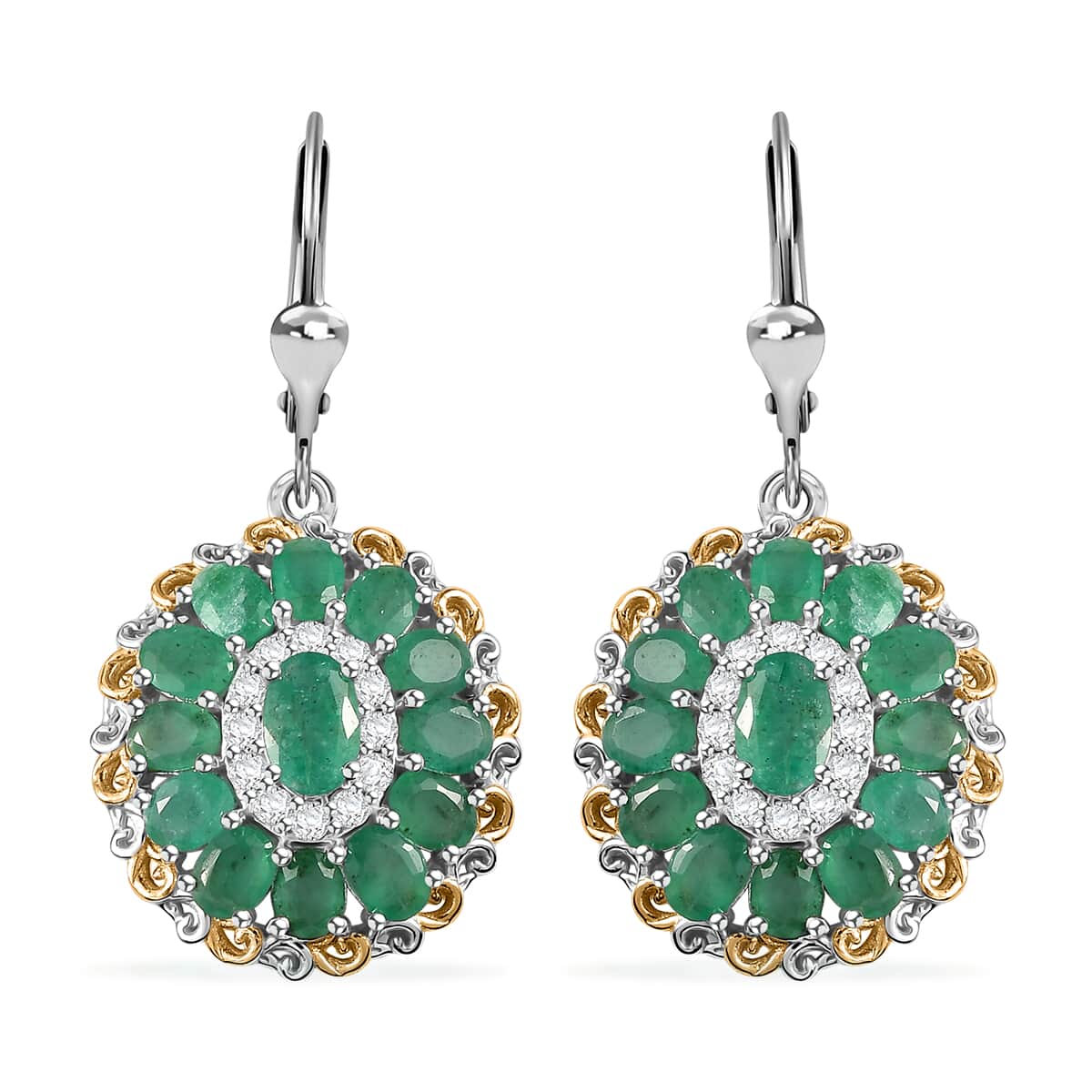 Kagem Zambian Emerald and White Zircon Floral Earrings in 18K Vermeil YG and Rhodium Over Sterling Silver 5.30 ctw image number 0