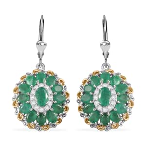 Kagem Zambian Emerald and White Zircon Floral Earrings in 18K Vermeil YG and Rhodium Over Sterling Silver 5.30 ctw