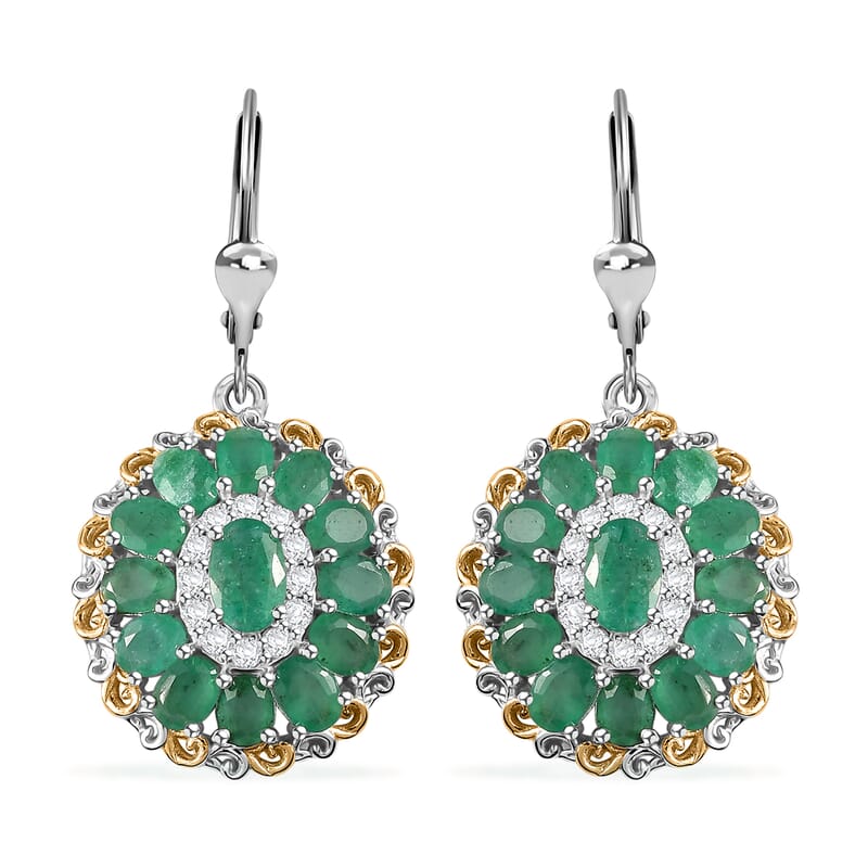 D'Joy Kagem Zambian Emerald and White Zircon Floral Earrings in 18K Vermeil YG and Rhodium Over Sterling Silver 5.30 ctw