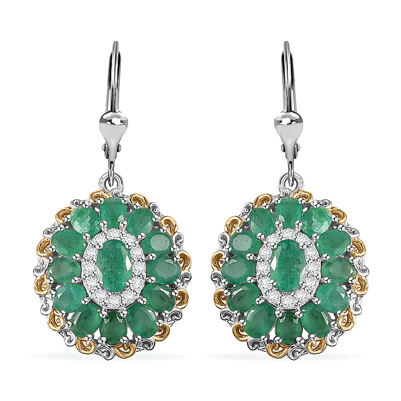 D'Joy Kagem Zambian Emerald and White Zircon Floral Earrings in 18K Vermeil YG and Rhodium Over Sterling Silver 5.30 ctw