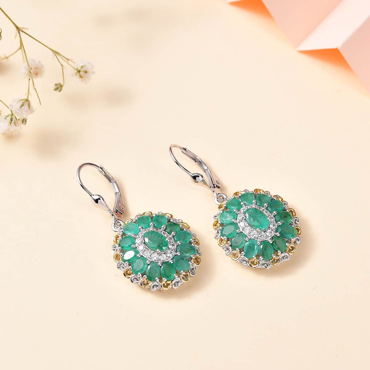 Kagem Zambian Emerald and White Zircon Floral Earrings in 18K Vermeil YG and Rhodium Over Sterling Silver 5.30 ctw image number 1