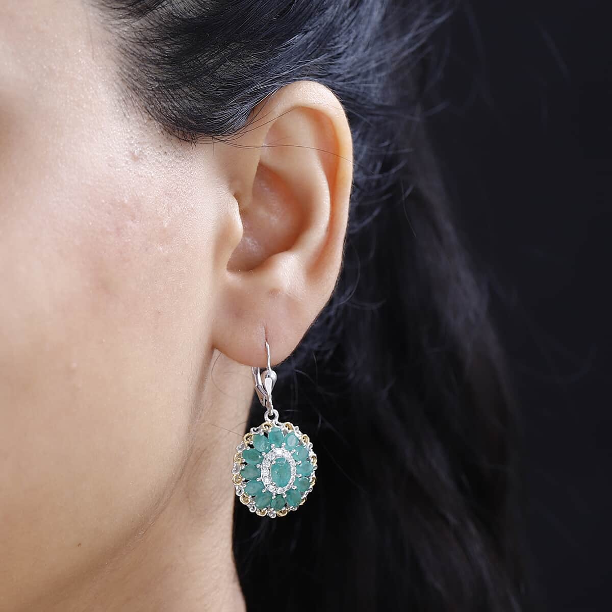 Kagem Zambian Emerald and White Zircon Floral Earrings in 18K Vermeil YG and Rhodium Over Sterling Silver 5.30 ctw image number 2