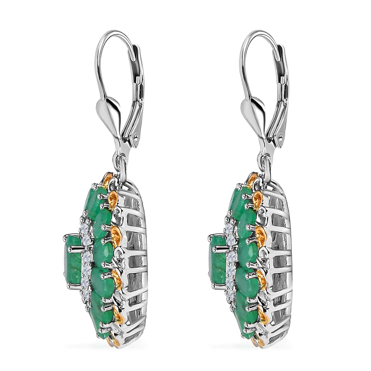 Kagem Zambian Emerald and White Zircon Floral Earrings in 18K Vermeil YG and Rhodium Over Sterling Silver 5.30 ctw image number 3