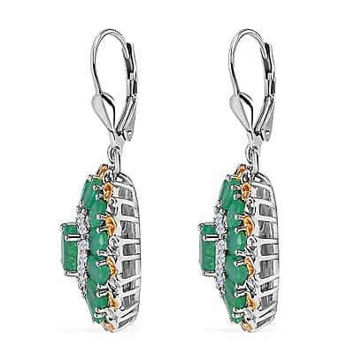 D'Joy Kagem Zambian Emerald and White Zircon Floral Earrings in 18K Vermeil YG and Rhodium Over Sterling Silver 5.30 ctw