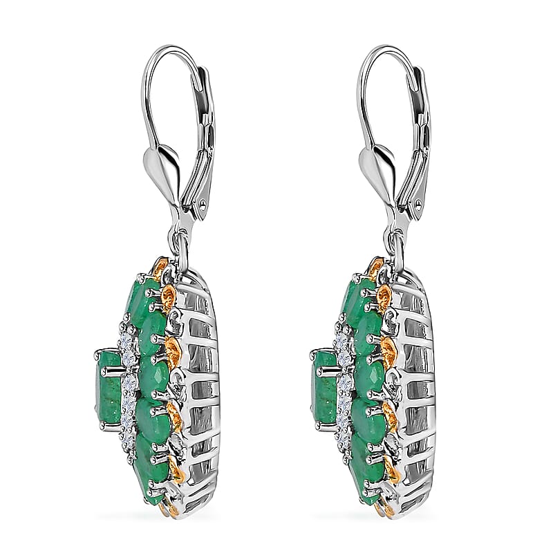 D'Joy Kagem Zambian Emerald and White Zircon Floral Earrings in 18K Vermeil YG and Rhodium Over Sterling Silver 5.30 ctw