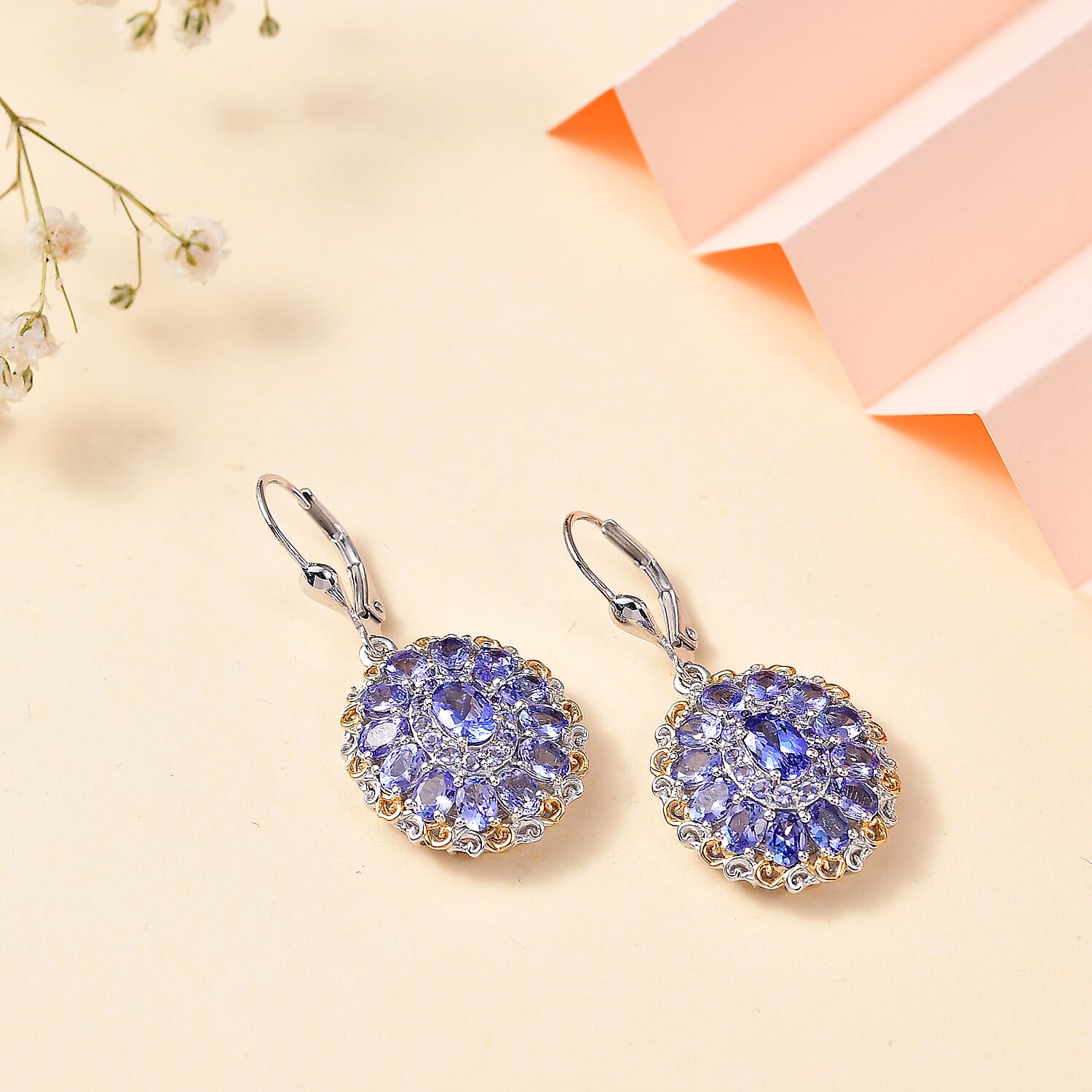 Tanzanite Lever Back Earrings in 18K Vermeil Yellow Gold and Rhodium Over Sterling Silver 5.70 ctw